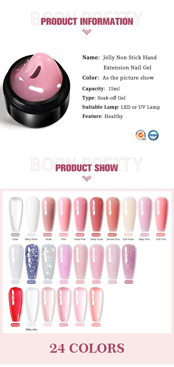 BORN PRETTY 15ml Jelly White Nude Non Stick Hand Solid Extension Nail Gel Polish