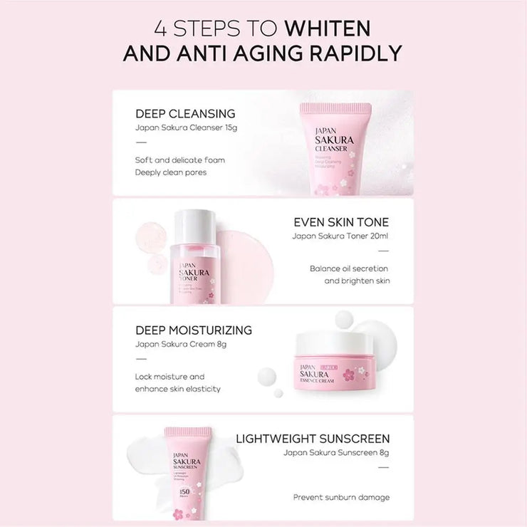 4pcs/Bag Sakura Skin Care Sets Facial Cleanser Face Face Toner Sunscreen Moisturizing